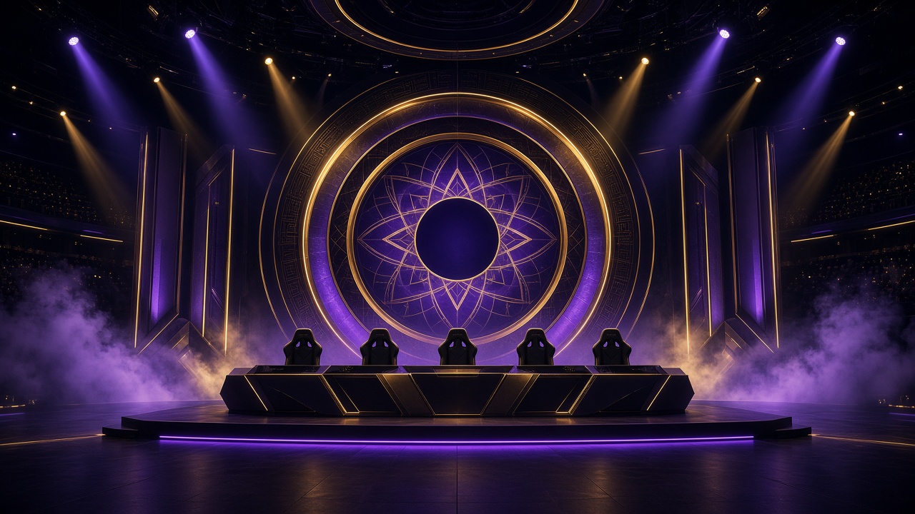 Violet and gold esports stage for a League of Legends weekend